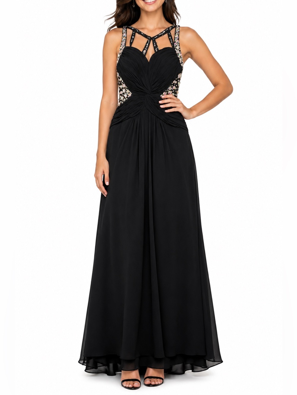 Dancing Queen Black rhinestone embellished Beaded Strappy Maxi Dress Gown XS